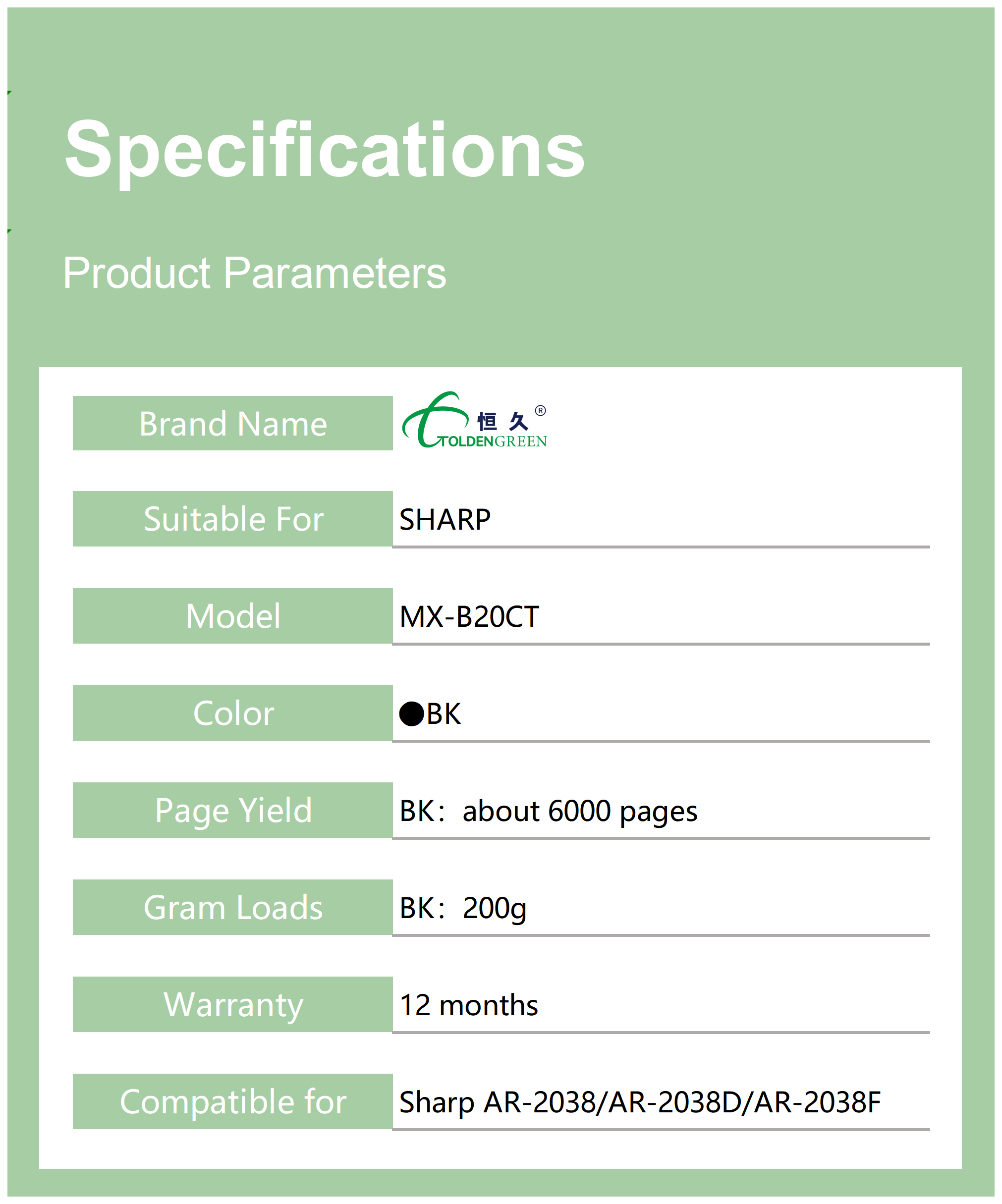 夏普碳粉表格_B20