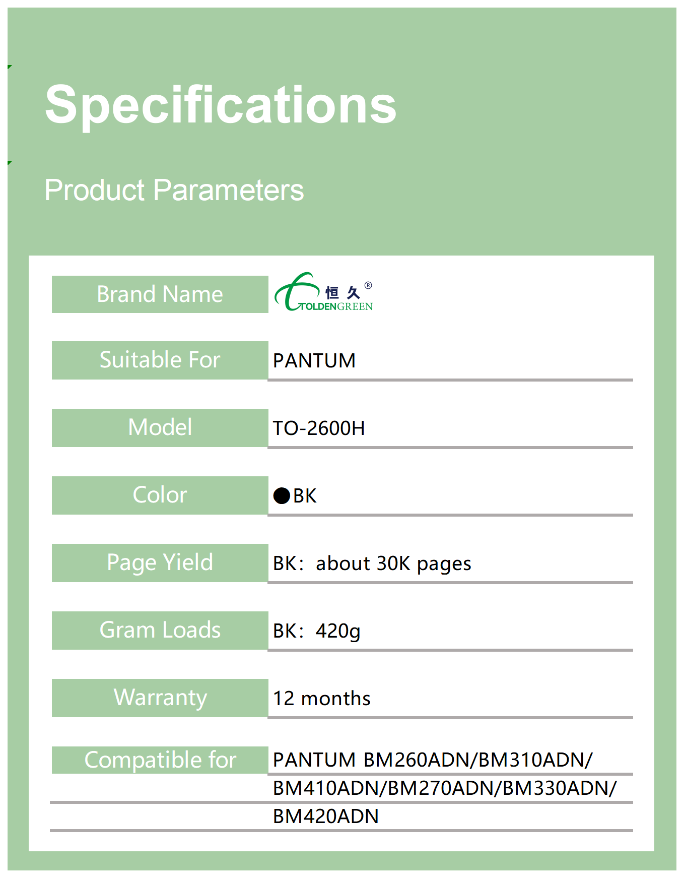 奔图碳粉表格_TO2600