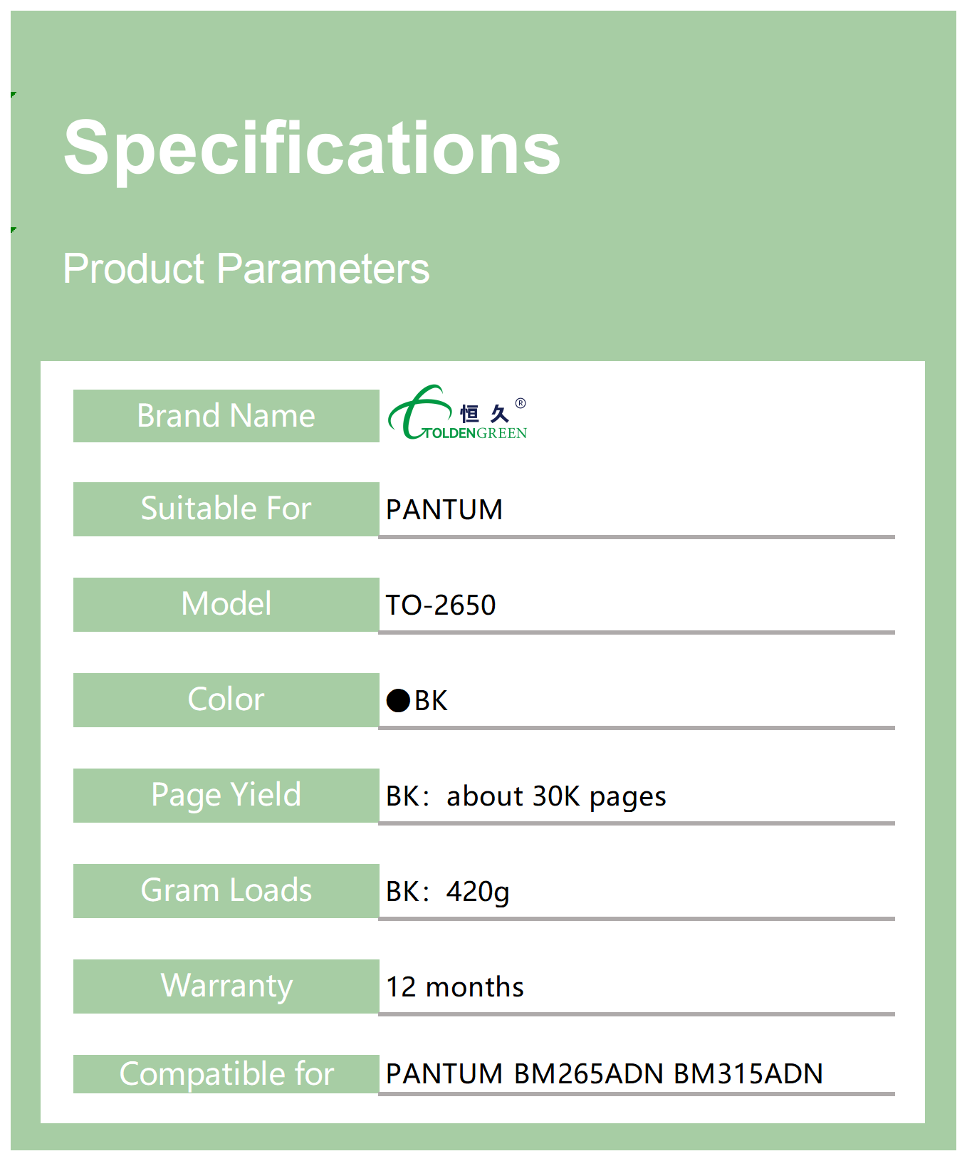 奔图碳粉表格_TO2650